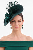 Dark Green Sinamay Fabric Flower Fascinator Hat with Feather