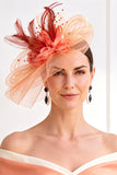 Orange Sinamay Mesh Loops 3D Fabric Flower Feathers Lace Fascinator Hat with Beading