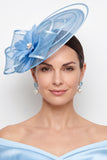 Blue Sinamay Mesh Satin Bound Pearl Fascinator Hat with Feather