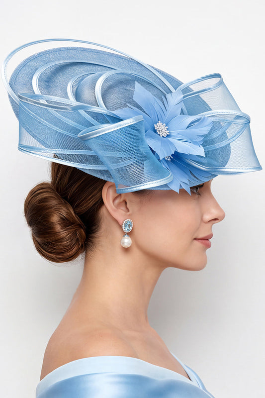 Blue Sinamay Mesh Satin Bound Pearl Fascinator Hat with Feather
