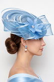 Blue Sinamay Mesh Satin Bound Pearl Fascinator Hat with Feather