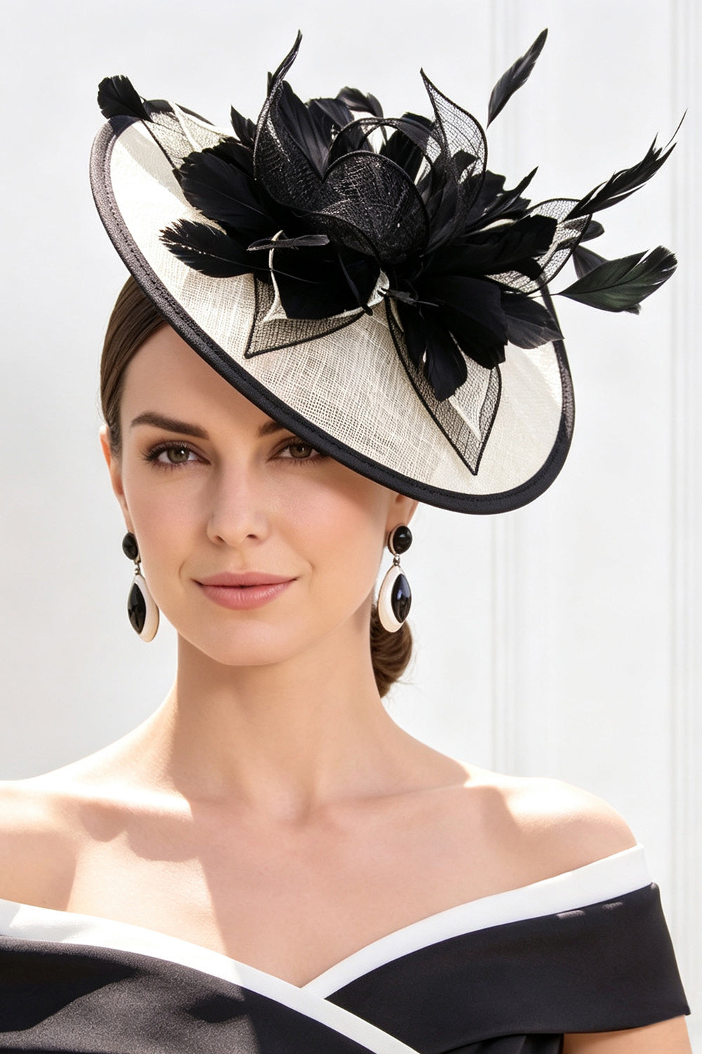 Black White Sinamay Base Layered Feather Fascinator Hat