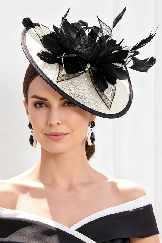 Black White Sinamay Base Layered Feather Fascinator Hat