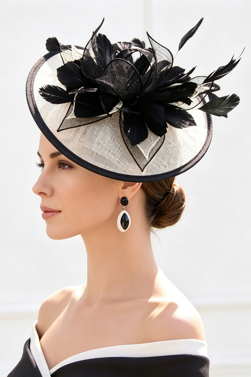 Black White Sinamay Base Layered Feather Fascinator Hat