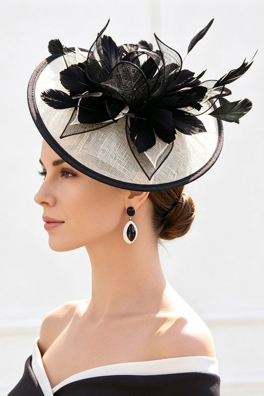 Black White Sinamay Base Layered Feather Fascinator Hat