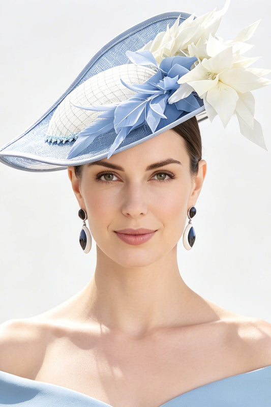 Blue White Solid Sinamay Brim 3D Fabric Flowers Fascinator Hat with Feathers