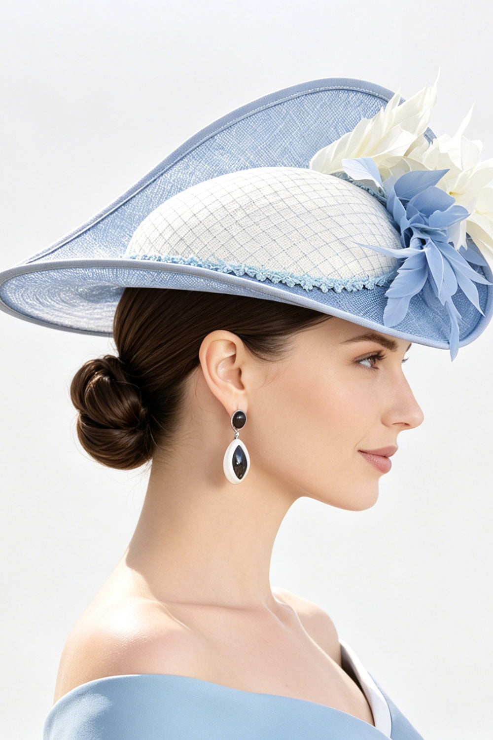 Blue White Solid Sinamay Brim 3D Fabric Flowers Fascinator Hat with Feathers