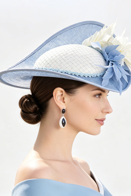 Blue White Solid Sinamay Brim 3D Fabric Flowers Fascinator Hat with Feathers