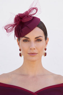 Burgundy Felt Pillbox Base 3D Crinoline Rose Flower Crinoline Loops Fascinator Hat with Feathers
