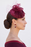 Burgundy Felt Pillbox Base 3D Crinoline Rose Flower Crinoline Loops Fascinator Hat with Feathers