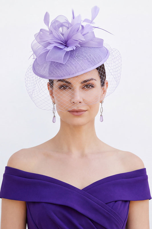 Lilac Crinoline Loops Birdcage Netting Fascinator Hat with Feathers