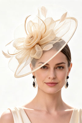 Champagne Crinoline Flower Netting Fascinator Hat with Feathers