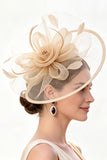 Champagne Crinoline Flower Netting Fascinator Hat with Feathers