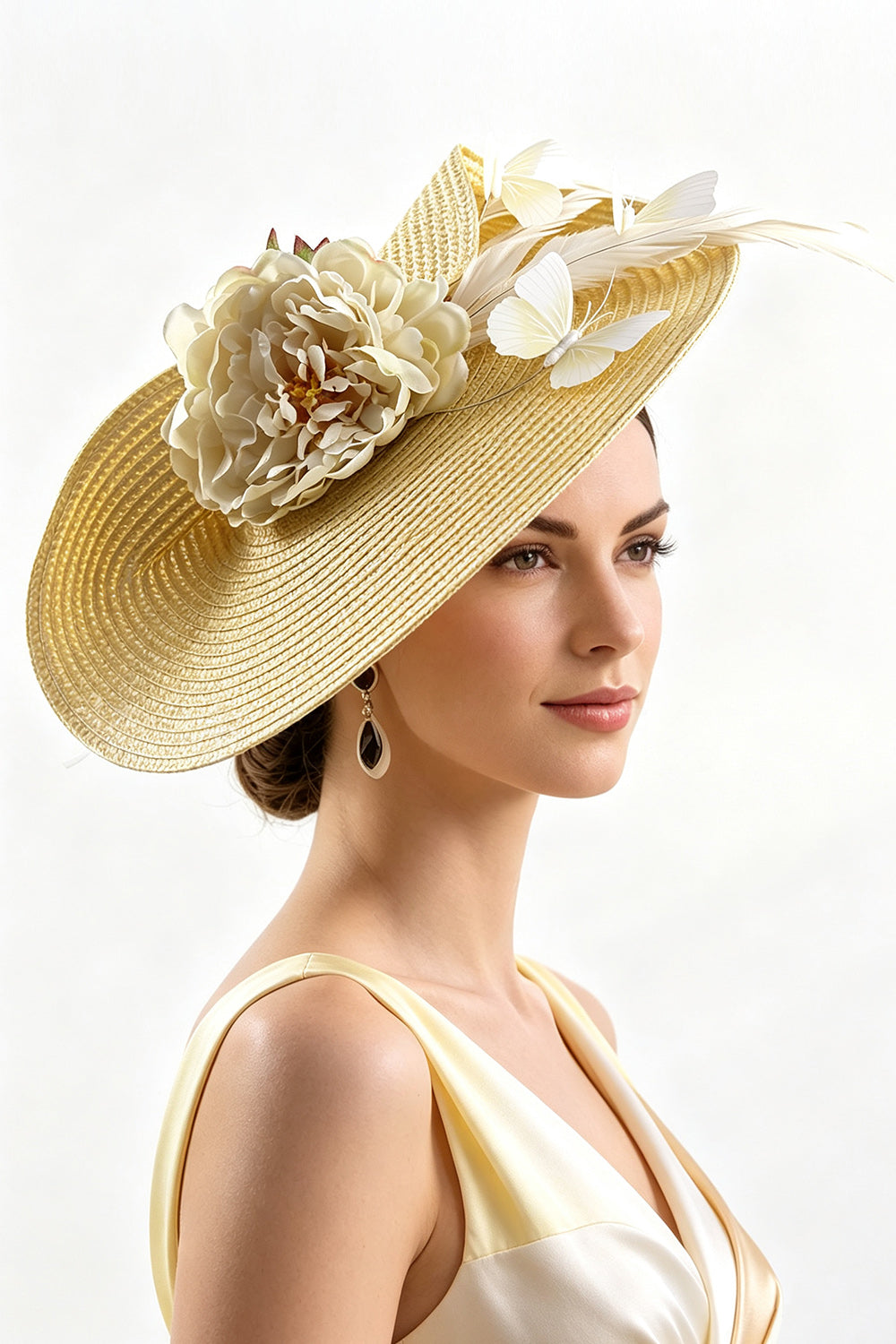 Yellow Woven Straw Netting Fascinator Hat with Fabric Flower Butterflies & Feathers