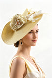 Yellow Woven Straw Netting Fascinator Hat with Fabric Flower Butterflies & Feathers