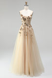 Sparkly Champagne Corset Floral Beaded Sequin A Line Long Prom Dress