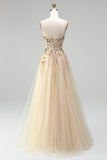 Sparkly Champagne Corset Floral Beaded Sequin A Line Long Prom Dress