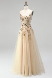 Sparkly Champagne Corset Floral Beaded Sequin A Line Long Prom Dress