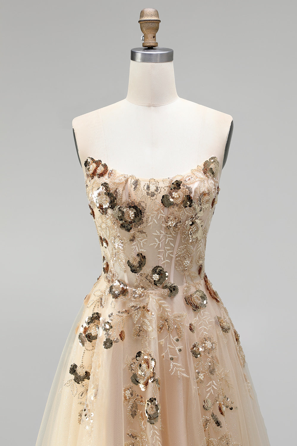 Sparkly Champagne Corset Floral Beaded Sequin A Line Long Prom Dress