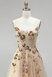 Sparkly Champagne Corset Floral Beaded Sequin A Line Long Prom Dress
