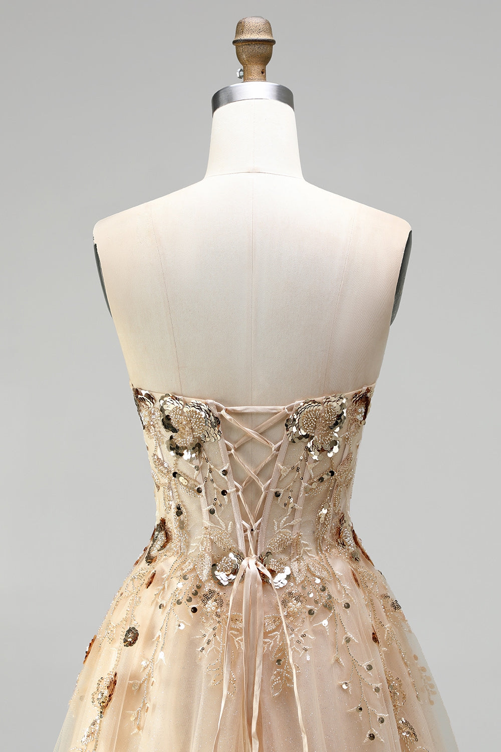 Sparkly Champagne Corset Floral Beaded Sequin A Line Long Prom Dress
