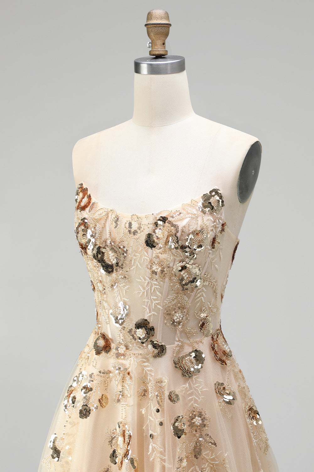 Sparkly Champagne Corset Floral Beaded Sequin A Line Long Prom Dress