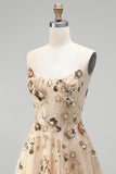 Sparkly Champagne Corset Floral Beaded Sequin A Line Long Prom Dress