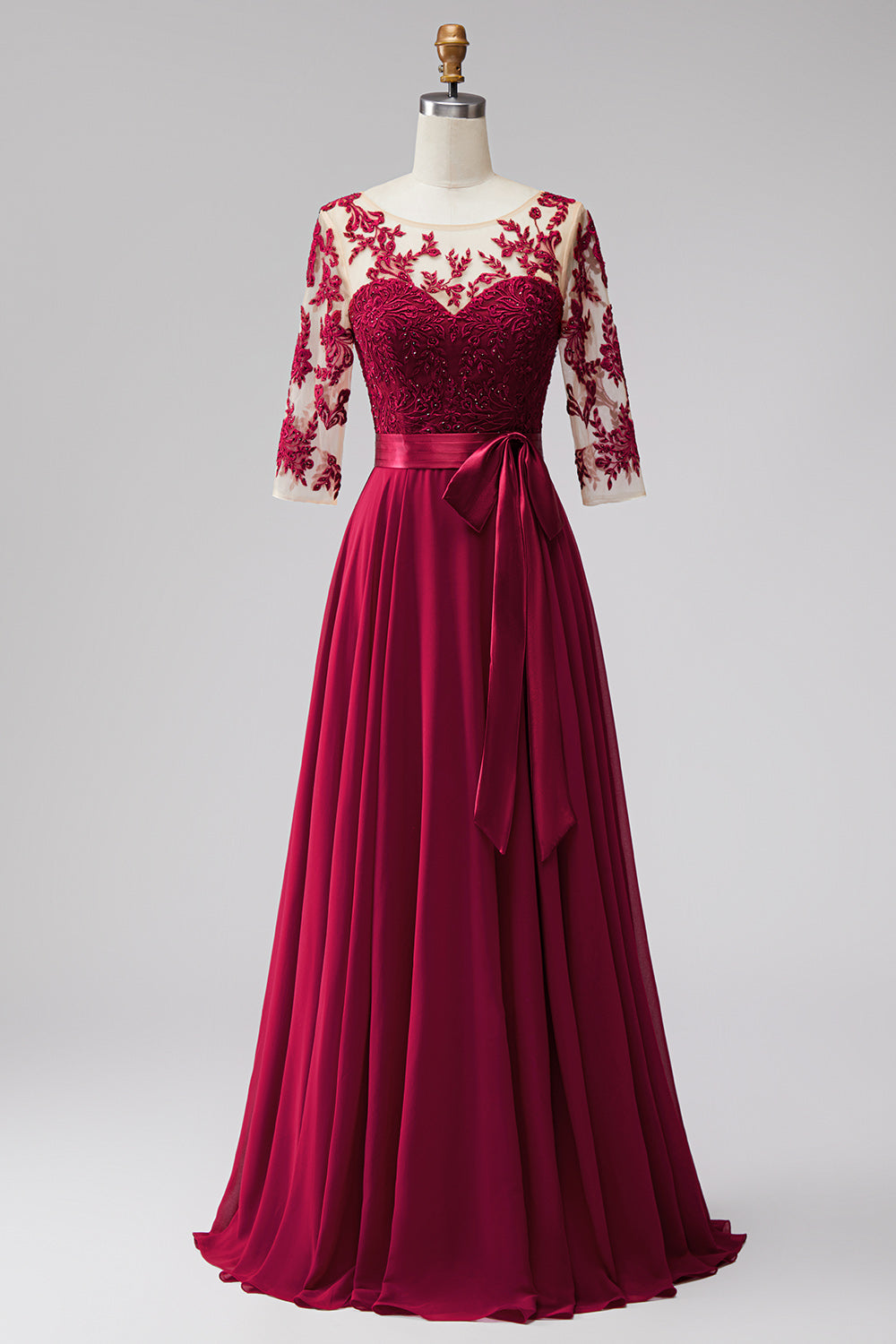 Burgundy Appliqued Beaded A Line 3/4 Sleeves Long Formal Dress with Bow