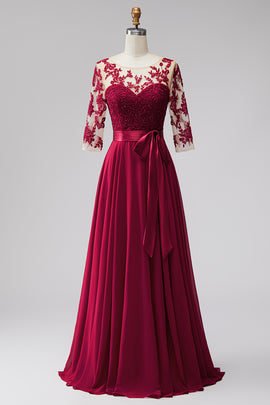 Burgundy Appliqued Beaded A Line 3/4 Sleeves Long Formal Dress with Bow