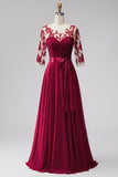 Burgundy Appliqued Beaded A Line 3/4 Sleeves Long Formal Dress with Bow