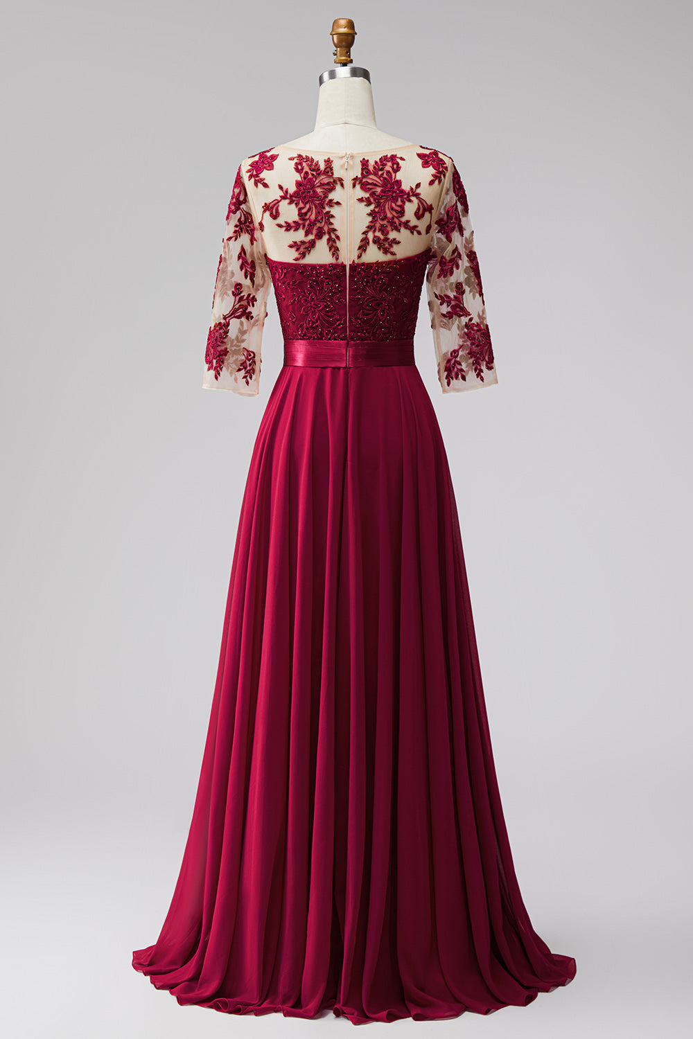 Burgundy Appliqued Beaded A Line 3/4 Sleeves Long Formal Dress with Bow