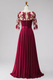 Burgundy Appliqued Beaded A Line 3/4 Sleeves Long Formal Dress with Bow