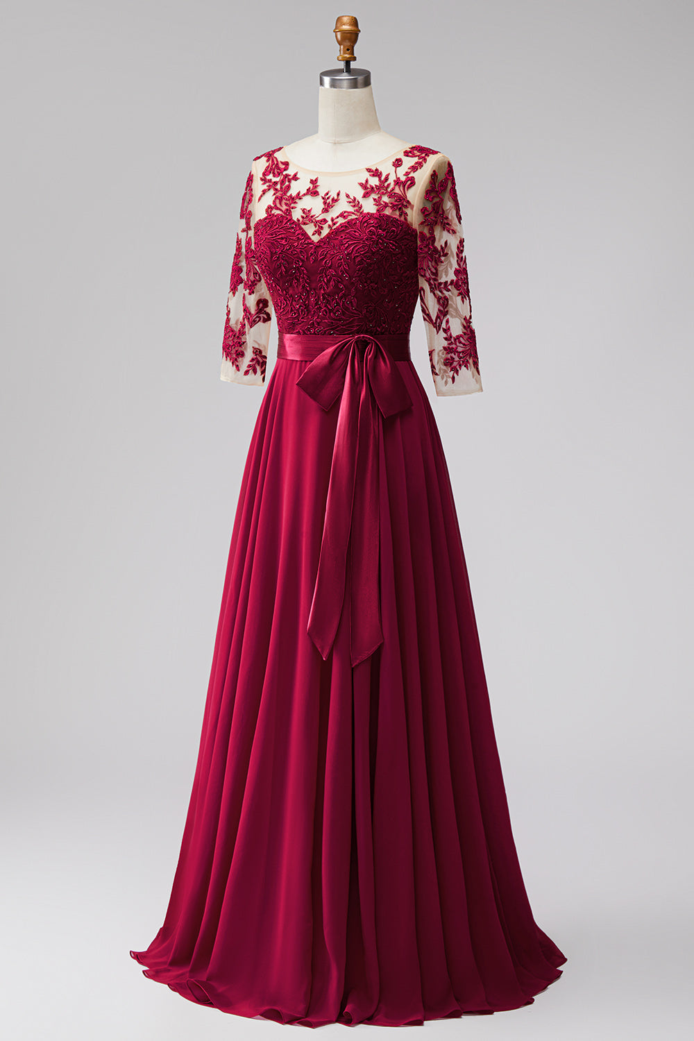 Burgundy Appliqued Beaded A Line 3/4 Sleeves Long Formal Dress with Bow