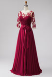 Burgundy Appliqued Beaded A Line 3/4 Sleeves Long Formal Dress with Bow