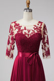 Burgundy Appliqued Beaded A Line 3/4 Sleeves Long Formal Dress with Bow
