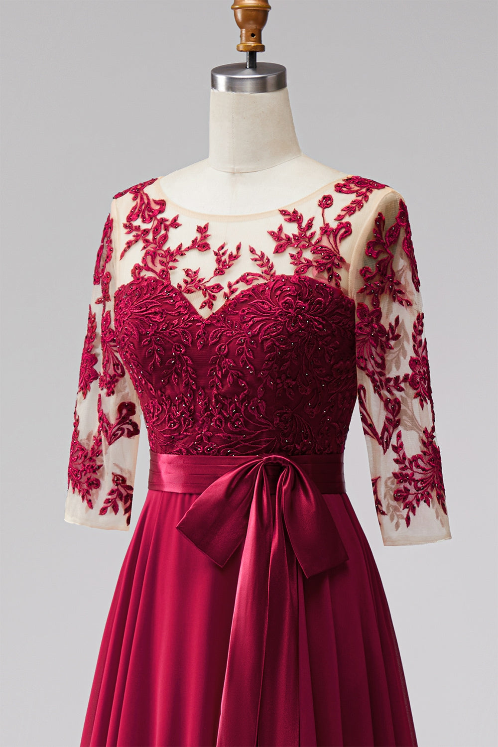 Burgundy Appliqued Beaded A Line 3/4 Sleeves Long Formal Dress with Bow