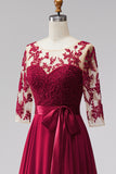 Burgundy Appliqued Beaded A Line 3/4 Sleeves Long Formal Dress with Bow