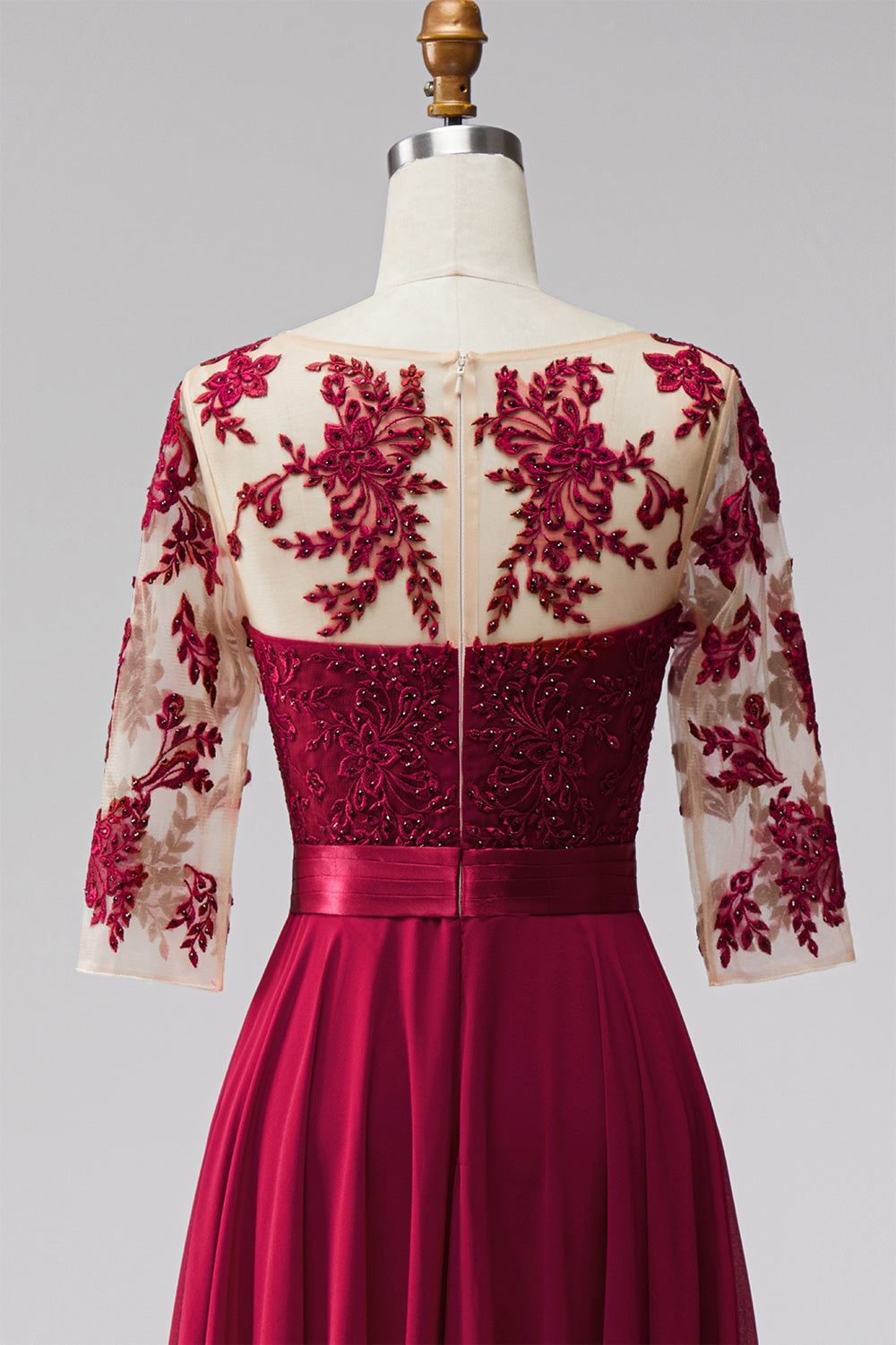 Burgundy Appliqued Beaded A Line 3/4 Sleeves Long Formal Dress with Bow