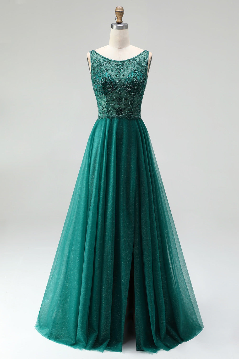Glitter Dark Green Tulle A-Line Beaded Long Prom Dress with Slit