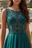 Glitter Dark Green Tulle A-Line Beaded Long Prom Dress with Slit