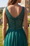 Glitter Dark Green Tulle A-Line Beaded Long Prom Dress with Slit