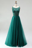 Glitter Dark Green Tulle A-Line Beaded Long Prom Dress with Slit