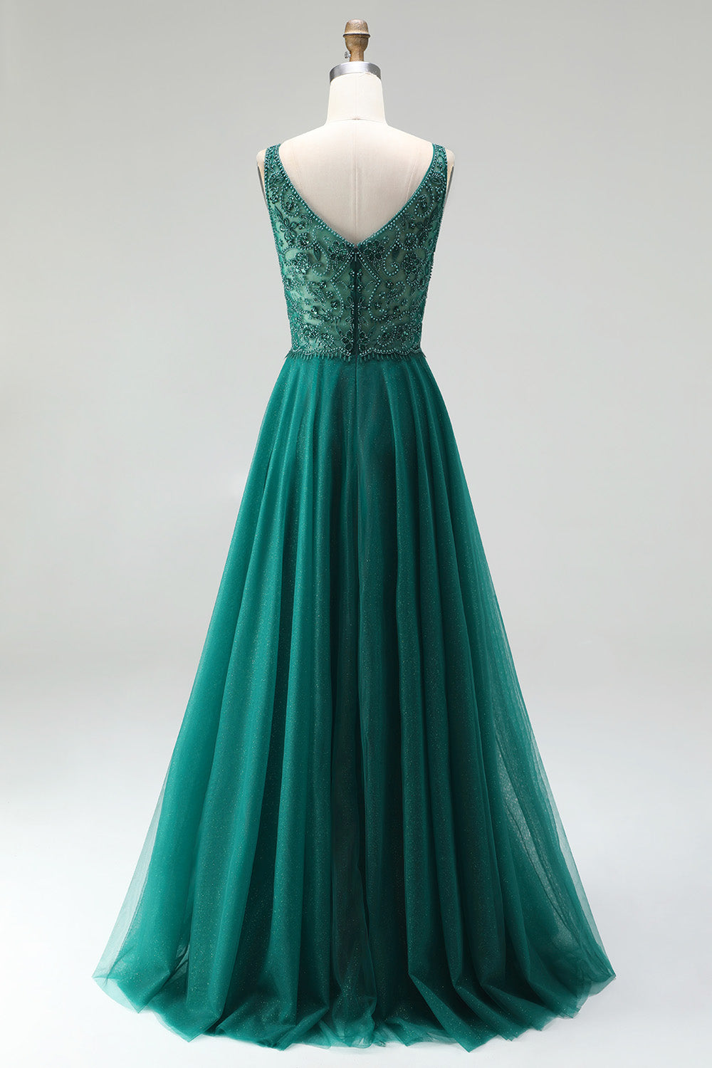 Glitter Dark Green Tulle A-Line Beaded Long Prom Dress with Slit