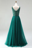 Glitter Dark Green Tulle A-Line Beaded Long Prom Dress with Slit
