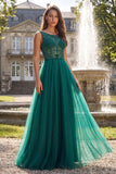 Glitter Dark Green Tulle A-Line Beaded Long Prom Dress with Slit