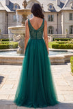 Glitter Dark Green Tulle A-Line Beaded Long Prom Dress with Slit
