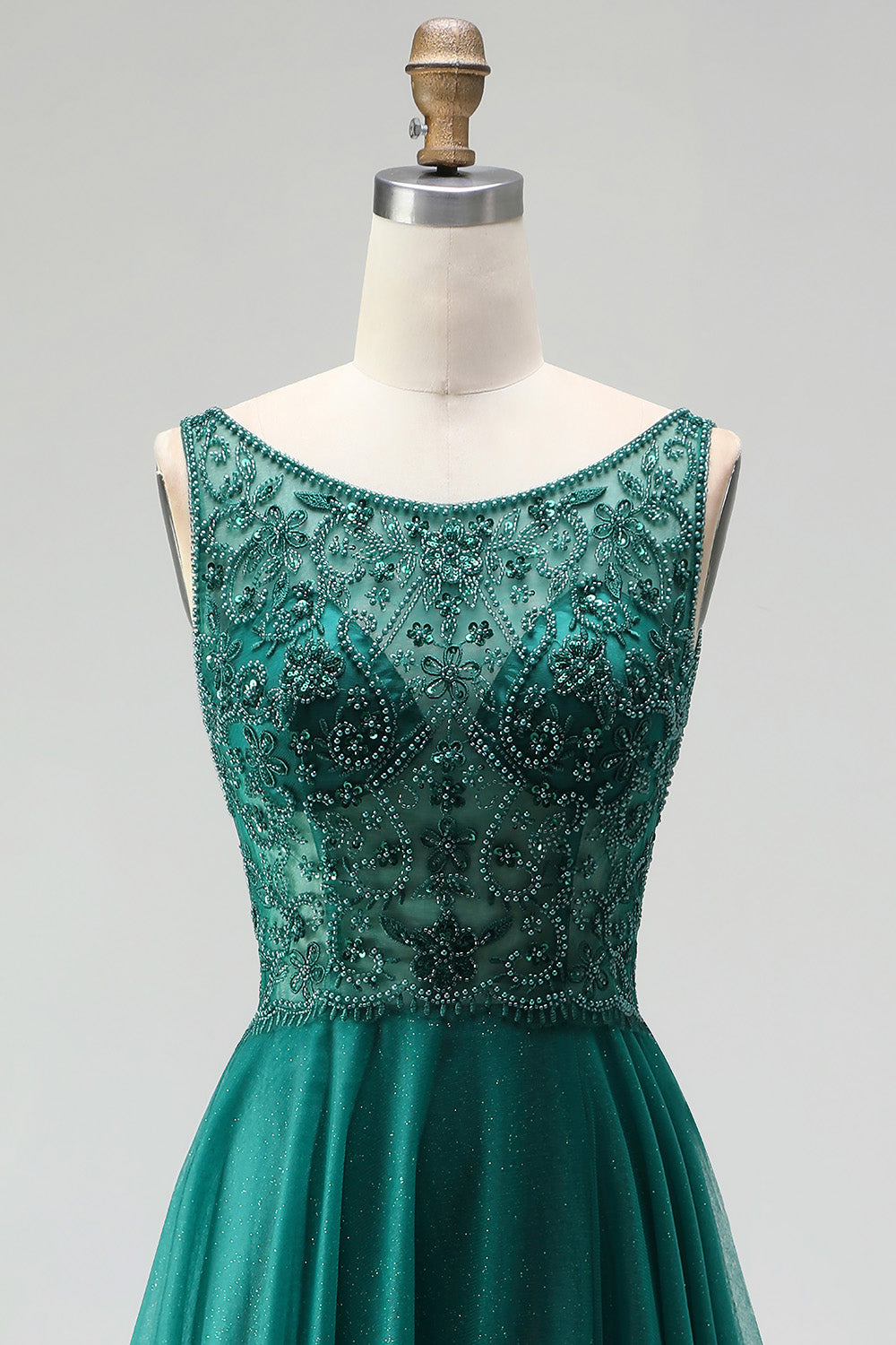 Glitter Dark Green Tulle A-Line Beaded Long Prom Dress with Slit