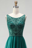 Glitter Dark Green Tulle A-Line Beaded Long Prom Dress with Slit