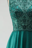 Glitter Dark Green Tulle A-Line Beaded Long Prom Dress with Slit