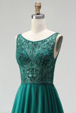 Glitter Dark Green Tulle A-Line Beaded Long Prom Dress with Slit